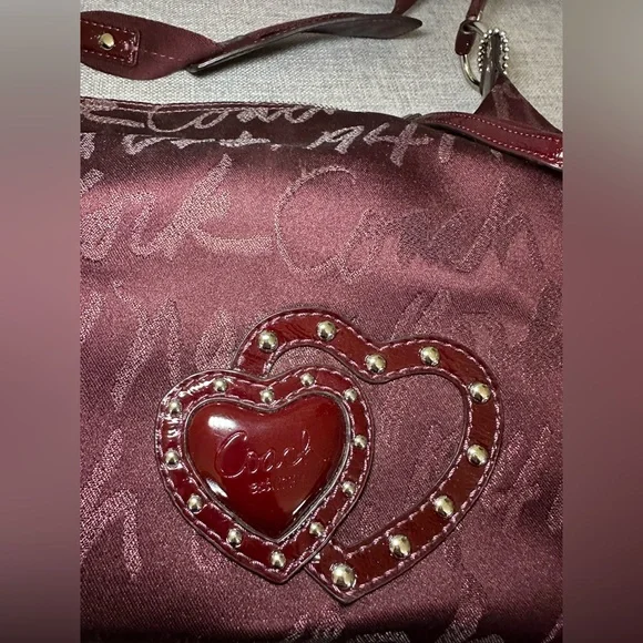 Coach Maroon Script Shoulder Bag with Heart Accent - Picture 2 of 6